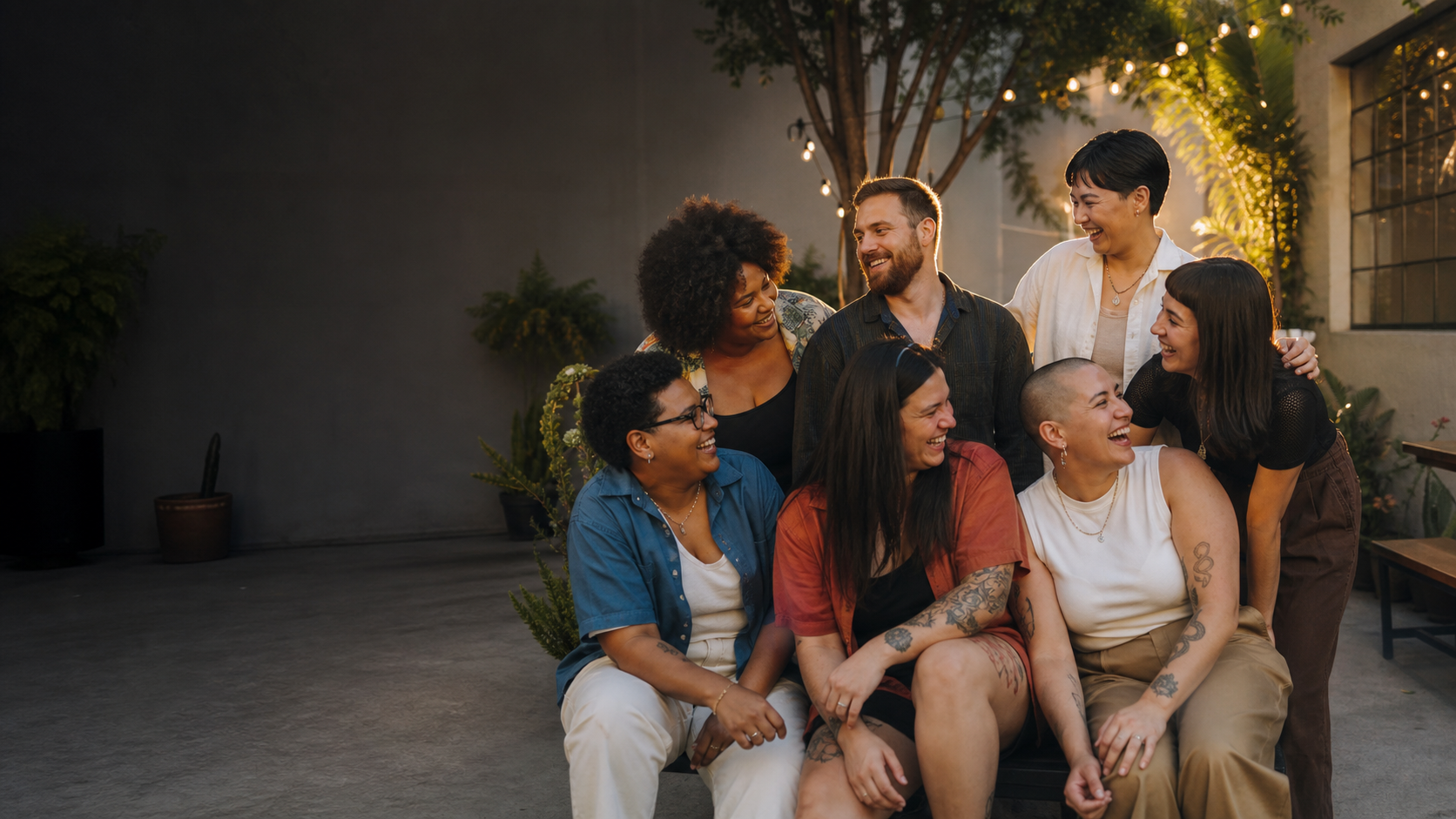 LGBTQ+ friends laughing together in a warm outdoor courtyard
